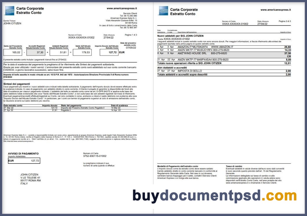 Buy Amex Air miles Gold Card Account Statement Template