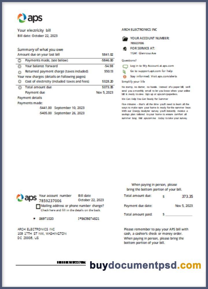 Buy Arizona APS bill Template
