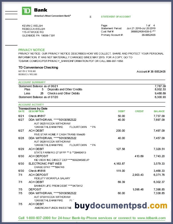 Buy TD bank Statement Template