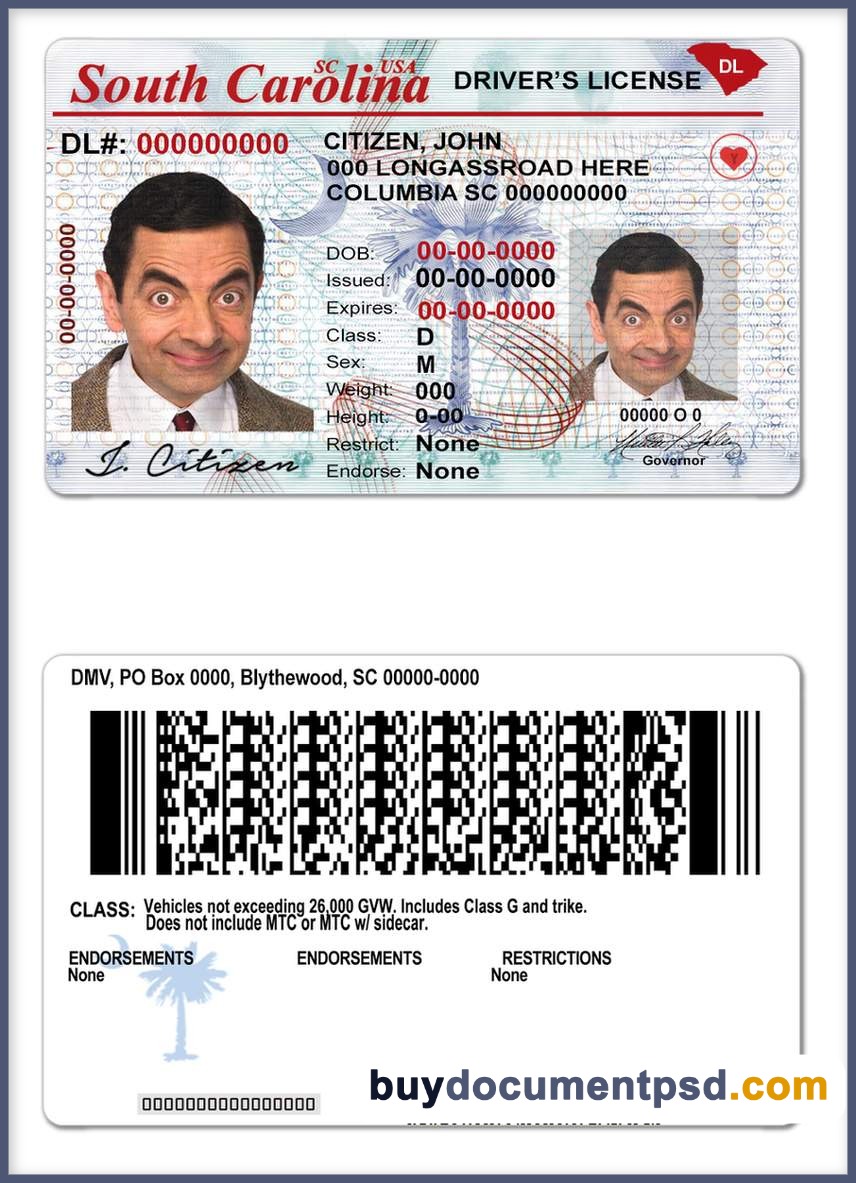 Buy South Carolina Driving Licence Template